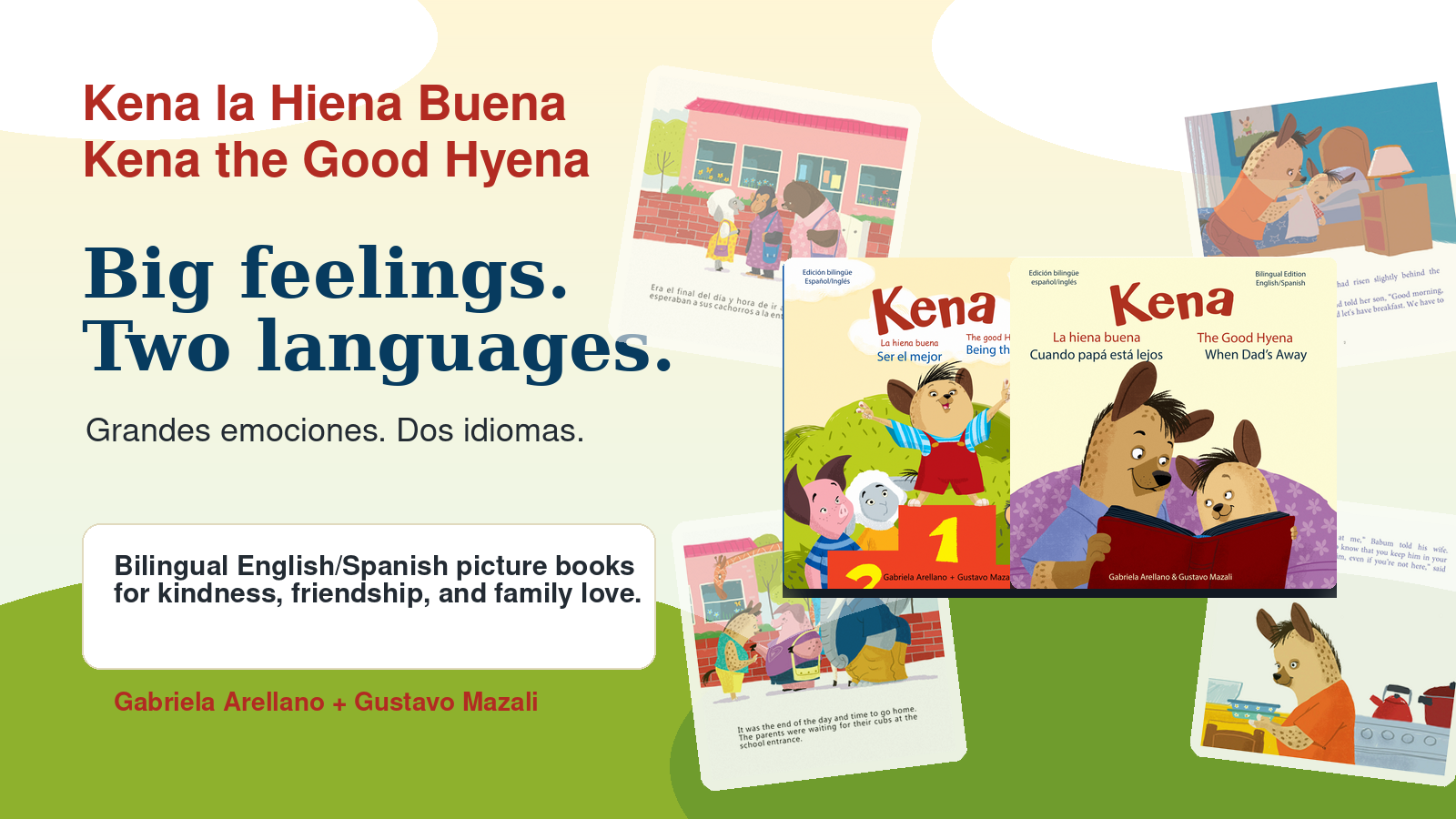 Kena the Good Hyena bilingual picture book series, with both book covers and illustrated scenes