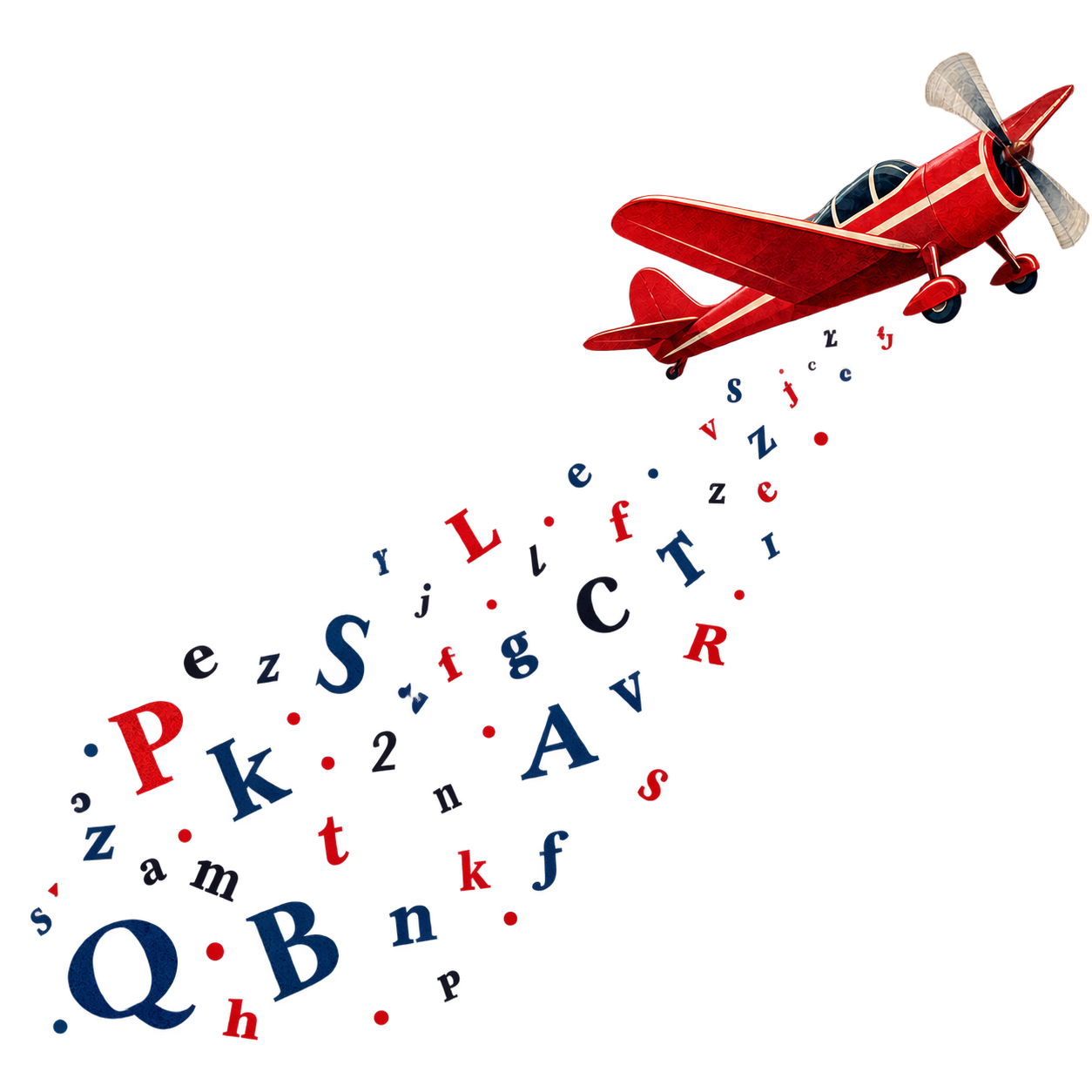 A red airplane carrying scattered alphabet letters into the air